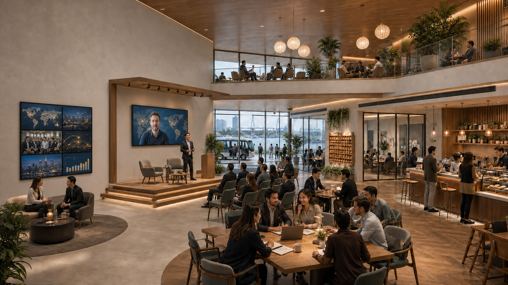 Concept illustration of a welcoming entrepreneurial café with shared tables