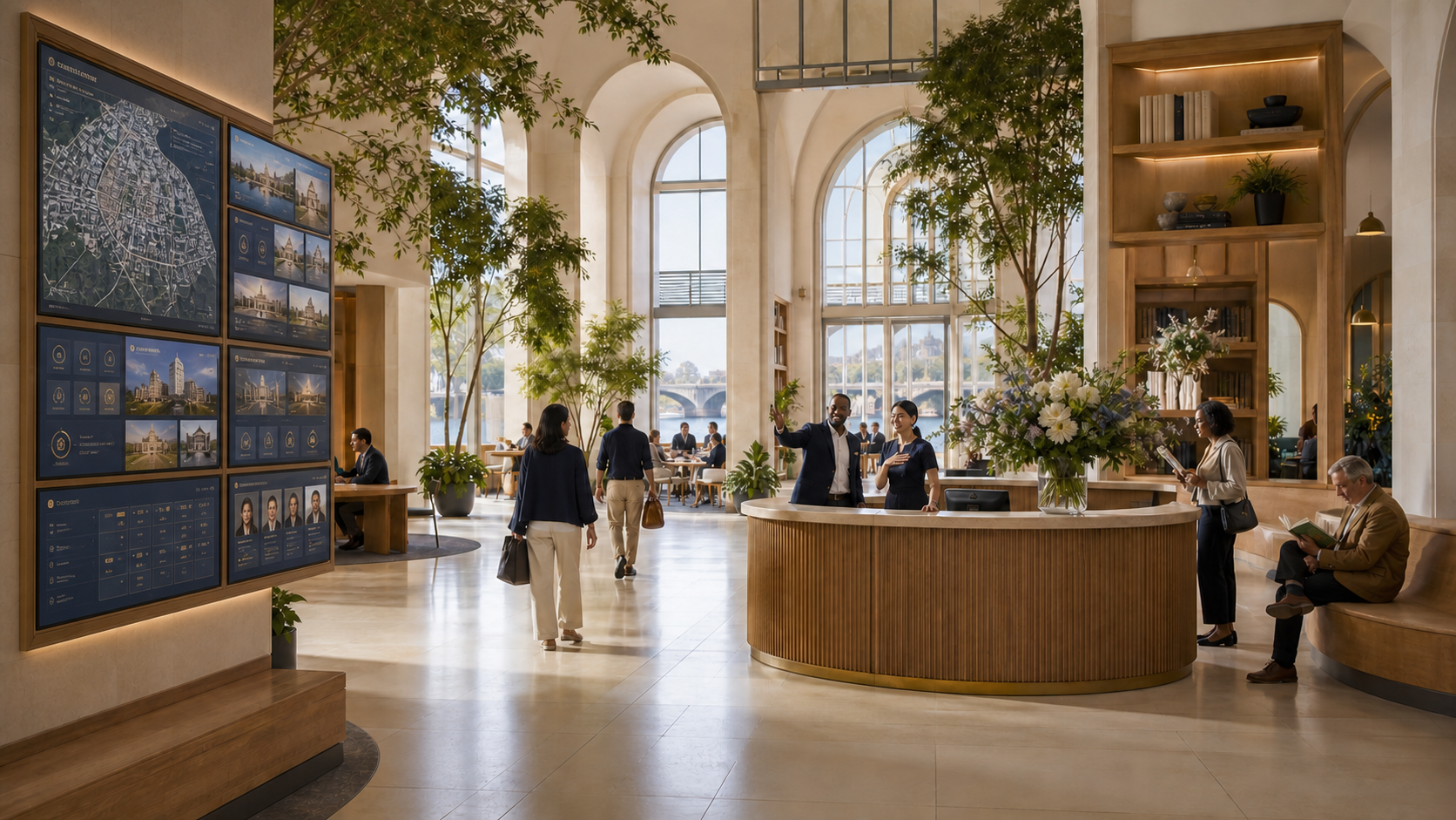 Illustrated Entrepolis Main Hall, the city’s meeting and welcome place